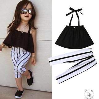✿Sc♚Toddler Kid Baby Girl Clothes Strap Tops+Stripe Long Pants Summer Outfits