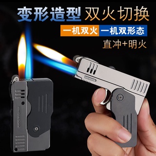Tiktok Same Folding Deformation Lighter Double Fire Switch Creative Direct Punching Windproof Open F (4)