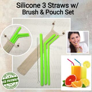 Silicone 3 Straws w/ Brush & Pouch Set.