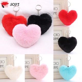 SOFTNESS Cute Fluffy Keychain Plush Key Buckle Pompom Key Ring Women Heart Shape Jewelry Car Handbag Pendant Faux Rabbit Fur/Multicolor