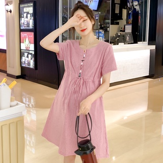 Maternity Wear Round Neck Stripe Short Sleeve Shirt Dress Summer Korean Fashion Loose Pregnancy Pregnant Women Midi Dress