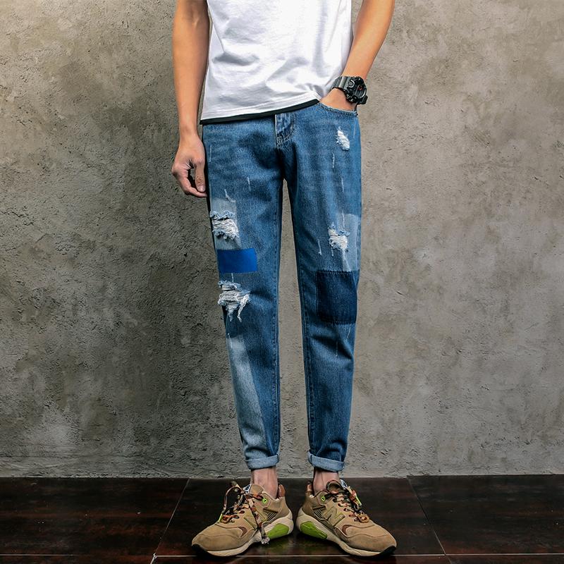 New Designer Hip Hop Jeans Men Pants Knee Patchwork Ripped Denim Jeans