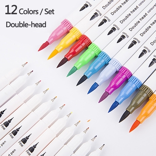 12 PCS/LOT Double-head Marker Pens Paint brush Drawing hook line pens Art school supplies Stationery