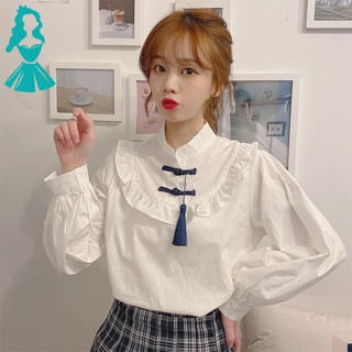 MM New style stand-up collar shirt disc button design niche tops college style long-sleeved white shirt