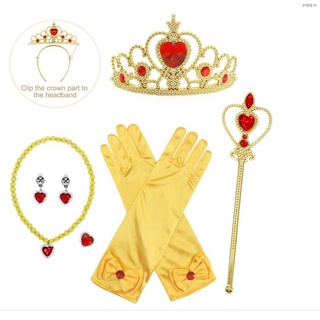 ✔6-piece set of golden Belle princess accessories crown scepter gloves necklace earrings ring