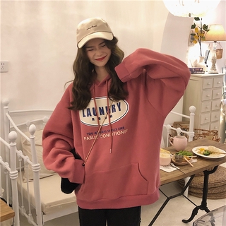Women Hoodies Korean Fashion Letter Print Plus Velvet Oversize Long Sleeve Hooded Sweater