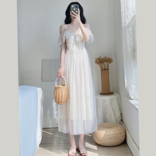 The New Summer French Fairy First Love Temperament Gentle Wind Off-the-shoulder Suspender Skirt Ruffled Lace-up Mesh Dress