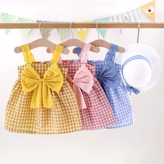 【Stock】Children's Dress A halter plaid dress Princess dress with large bow lace New Summer 2021 Send a hat