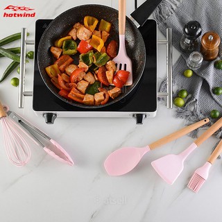 HW Silicone Kitchen Cooking Utensils Natural Wood Handle Cooking Tools Turner Tongs Spatula Spoon with Organizer (5)