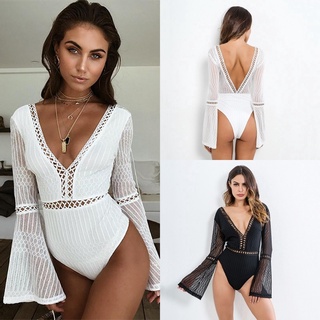 ✶►☂Summer Women Sexy Lace V Neck Flare Sleeve Playsuit Rompers Backless Long Sleeve Hollow Out Bodysuit