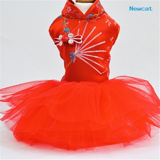newcat Pet Tang Suit Chinese Style Dress-up Skin-friendly Pet Dogs Cheongsam Tulle Dress for New Year (5)