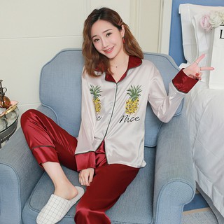 【READY STOCK】Silk like pajamas Red Flamingo girl Japanese and Korean Lapel cardigan thin new style (5)