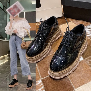 ¤✼¤Women's Platform Heels, British Style Carved Brogue Patent Leather Shoes, Fashion Lace-up Derby S