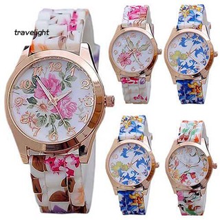【TL】Women Retro Flower Printed Silicone Strap Causal Elegant Quartz Wrist Watch