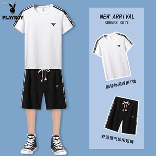 ☢Playboy sports suit men s new short-sleeved shorts cotton two or three-piece youth summer casual cl