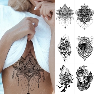 2pcs Waterproof Temporary Tattoo Sticker Chest Lace Henna Mandala Flash Tattoos Wolf Diamond Flower Body Art Arm Fake Tatoo Women Men