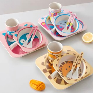 dailyhome Kids Dinnerware Set Natural Bamboo Fiber 5 Piece Set With Plate Bowl Cup Spoon Fork BPA Fr