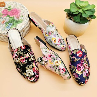 R&A063 Pointed Flat Floral Mules with Gold Buckles (Narrow Fit) (1)