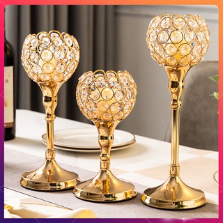 [HOMYL1] 3 Height Golden Crystal Tea Light Candle Holder Sparklers Wedding Candelabra