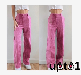 Up-Women´s Straight Leg Pants, Casual High Elastic Waist Color Block Loose Corduroy Pants