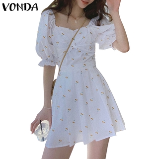 VONDA Women Korean Styles Short Sleeve Square Collar Floral Holiday Party Tunic Mini Dress