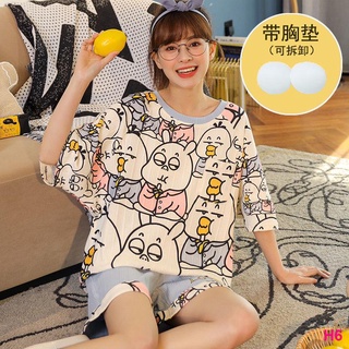 Y☌Pajamas with breast pads, women s summer short-sleeved shorts, two-piece suit, thin cotton, women (7)