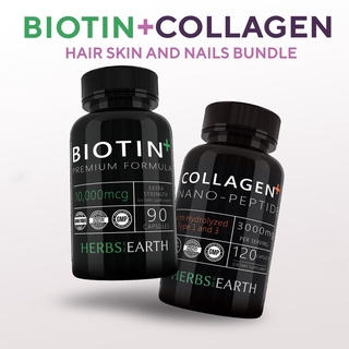 Biotin 10,000MCG and Collagen + Nano Peptides Hydrolyzed Types 1&3 3000MG Hair Skin & Nails Bundle