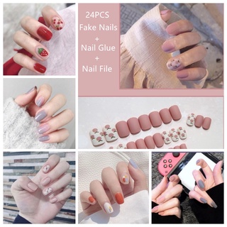 【With Glue + Gift】24Pcs Fake Nails Set With Glue Design DIY French Finger Nail Art Fasle nail COD