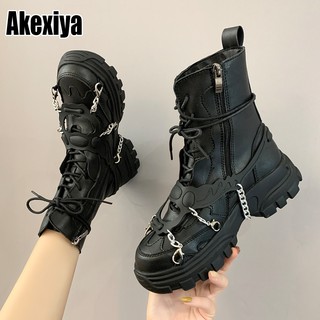 New 2021 Leather Womens Ladies Ankle Boots Mid Heel Lace Up Worker Army Black Goth Shoes Autumn Sexy (1)