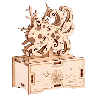 3D Puzzles Wooden Octopus Hand Crank Music Box Assembly Toy DIY Assembled Mode Model Building Block