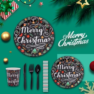 Merry Christmas Disposable Tableware Paper Plate Cup Napkin Christmas Party Home Tableware Decor Supplies