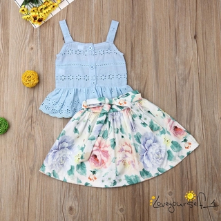 Loveq-Summer Toddler Kids Baby Girl Floral Clothes Vest Strap Tops Short Skirt 2Pcs Outfit Set