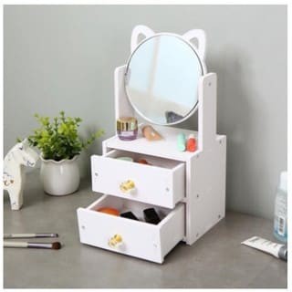 JFS//Cat Ear Makeup Mirror With Jewelry Compartment Drawer Cosmetic Organizer Table Decor
