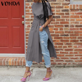 VONDA Tunic Women Blouse Sexy Short Sleeve Split Party Tops 2021 Office Shirts Female Casual Tops