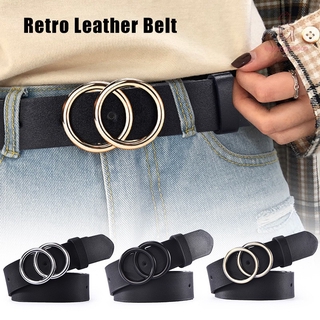 Women PU Leather Belt Fashion Classic Waist Belts with Double O-Ring Buckle