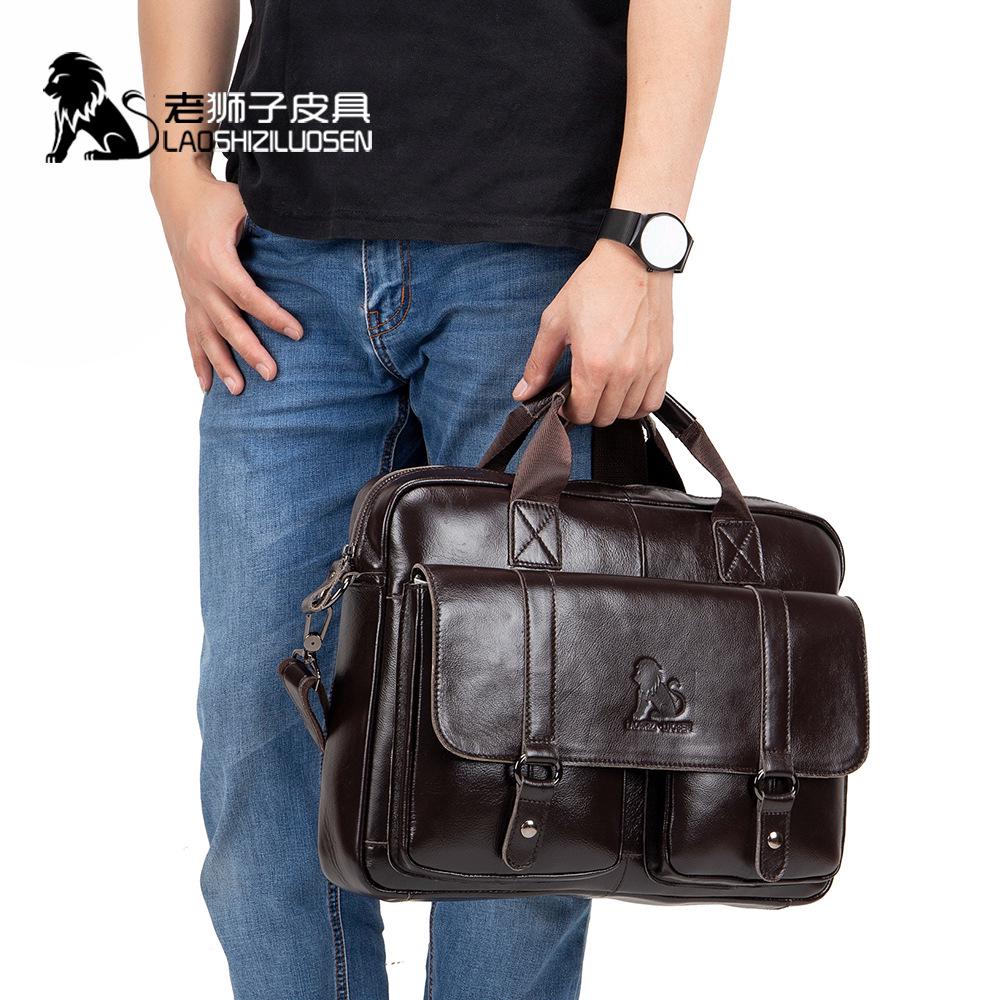 LAOSHIZI Genuine Leather Messenger Bag for Men Padded 14 Inch Laptop Briefcase (4)