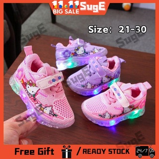 【Suge】Size21-30 Kids Shoes Girls Light Up Princess Shoes Luminous Shoes Gadis Cute hello kt Kasut/Fi