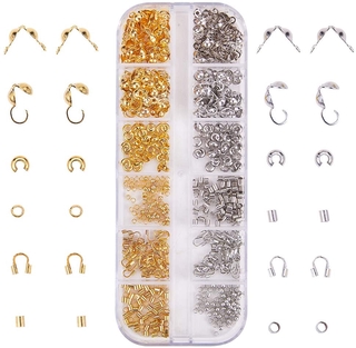 640pcs Bead Tips Knot Covers & Crimp Beads End Tips & Fold Over Bead Terminators Crimp Caps & Wire Guardian Cable Protector & Tube Crimp Beads Jewelry Making Supplies, Silver & Golden