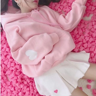 Women Hoodie Korean Heart Printed Pink Pullover Jacket Tops (2)