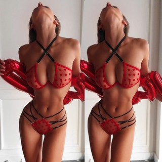 New Women Mesh Sexy Red Lingerie Plus Size Wireless Bra Panty Underwear Set S-XL