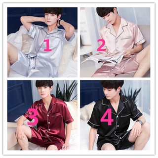 NEW Men Summer Silk Sleepwear 2 Pieces Satin Pajamas Set Nightwear Homewear
