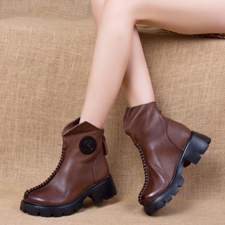 【Ready STOCK】Autumn and winter 2021 new leather thick soled Martin boots women's all leather chimney Chelsea short boots British middle boots