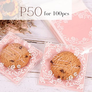 FP512 (100 PCS) 10x10 CM Pink Roses Thank You Cookie Bag Candy Food Packaging