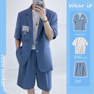Casual Small Suit Men's SuitinsSummer Thin Fashion Brand Men's Youth Pu Handsome Short Sleeve Baggy Coat Tide