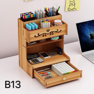 Wooden Pen Holder Desktop Organizer Storage Rack DIY Multifunctional Office Drawer (4)
