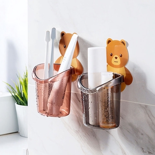 Punch-free Self-adhesive Wall-mounted Bear Toothbrush Mouthwash Cup Holder