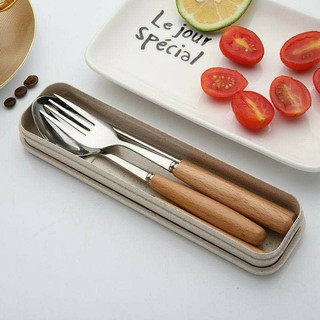Korean 3in1 Wood/Stainless with Box Spoon Fork and Chopsticks (1)