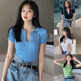【Ready Stock&COD】Women Korean Top Solid Collar V Neck Sexy Top Casual Short Sleeve T Shirt Knitted Polo Shirt Korean Crop Tops
