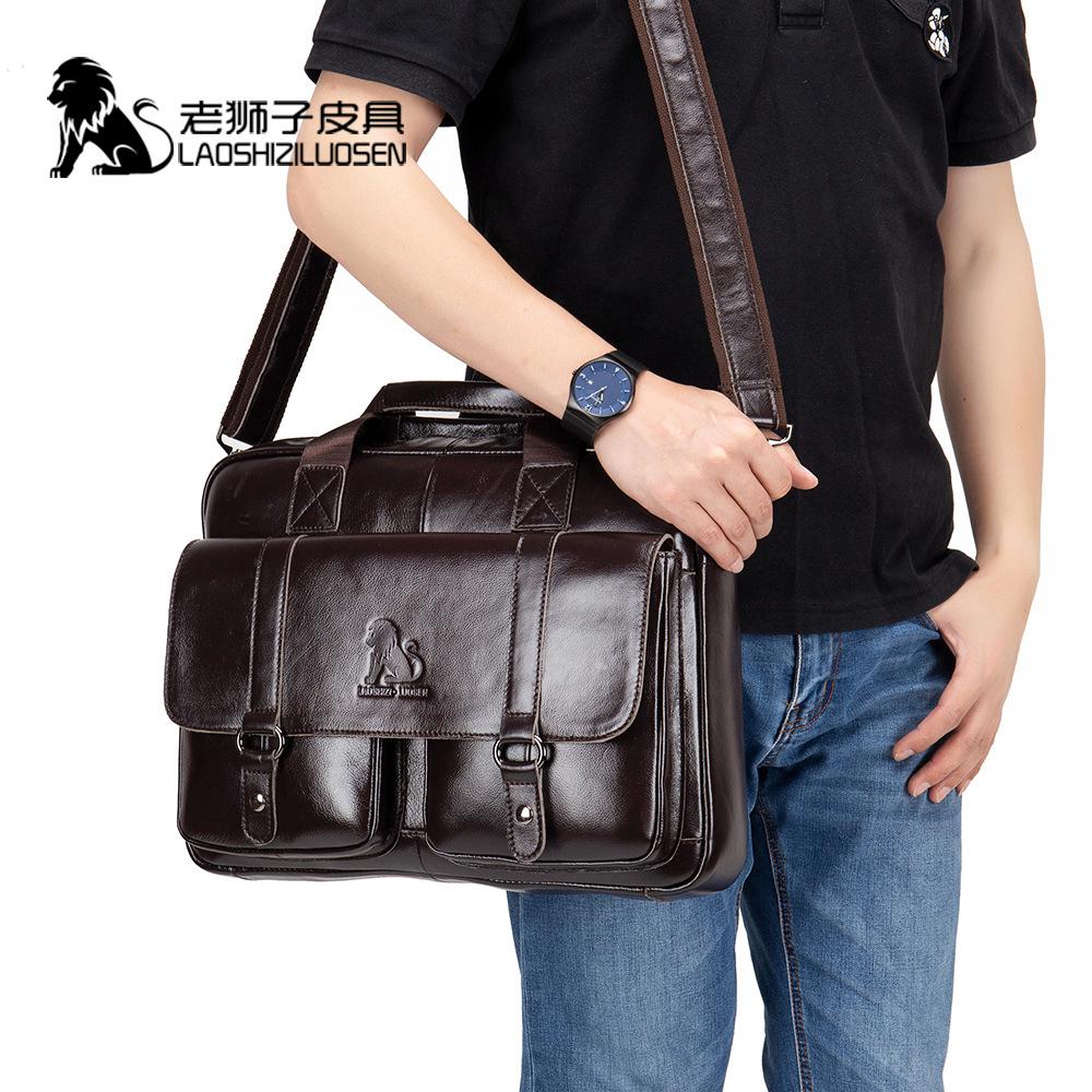 LAOSHIZI Genuine Leather Messenger Bag for Men Padded 14 Inch Laptop Briefcase (1)