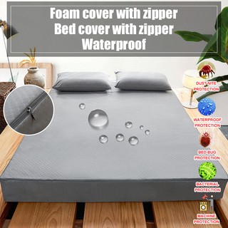 【Ready Stock 】Waterproof Mattress Protector Foam cover full with zipper High Quality Waterproof bed cover Single/Double//Queen/King SizeFitted Bed sheet
